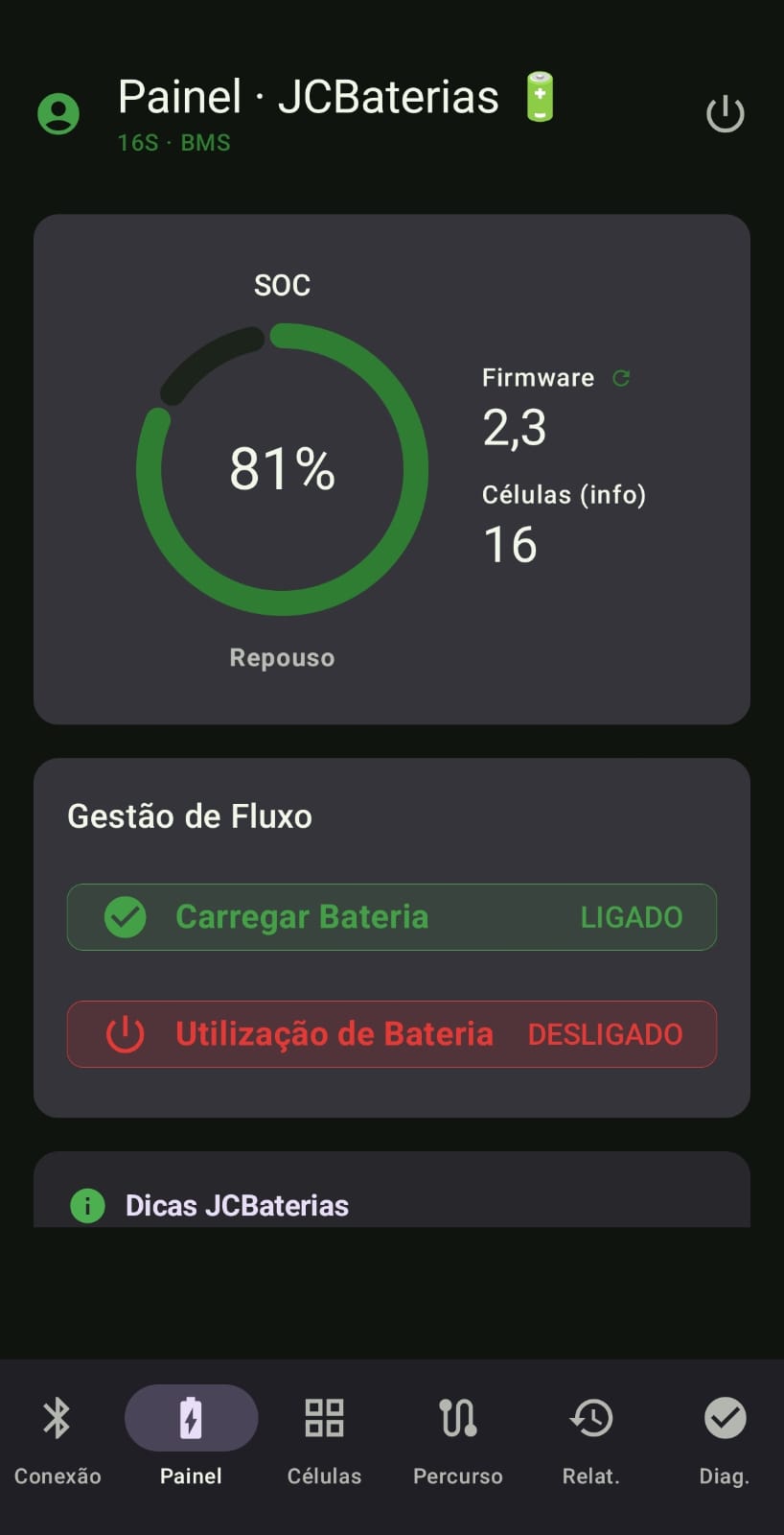 App JCBaterias: painel com o estado de carga da bateria
